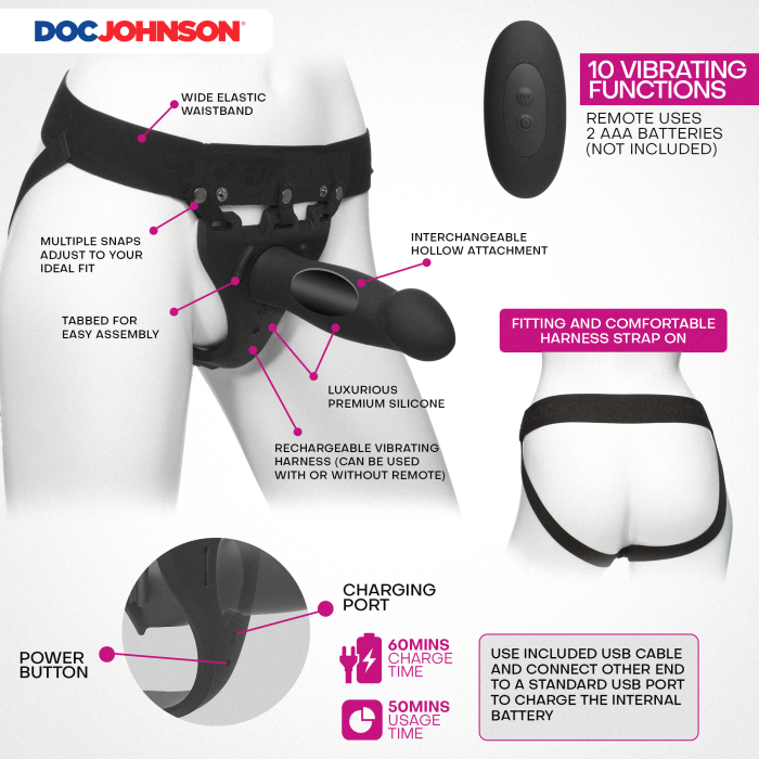Body Extensions - BE Naughty 4-Piece Set - Rechargeable Vibrating Silicone Harness with 7" Bulbed / 7.5" Slim / 8" Large Dong