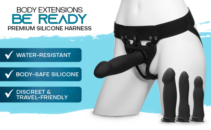 Body Extensions - BE Ready 4-Piece Set - Silicone Harness with 7" Bulbed / 7.5" Slim / 8" Large Dong